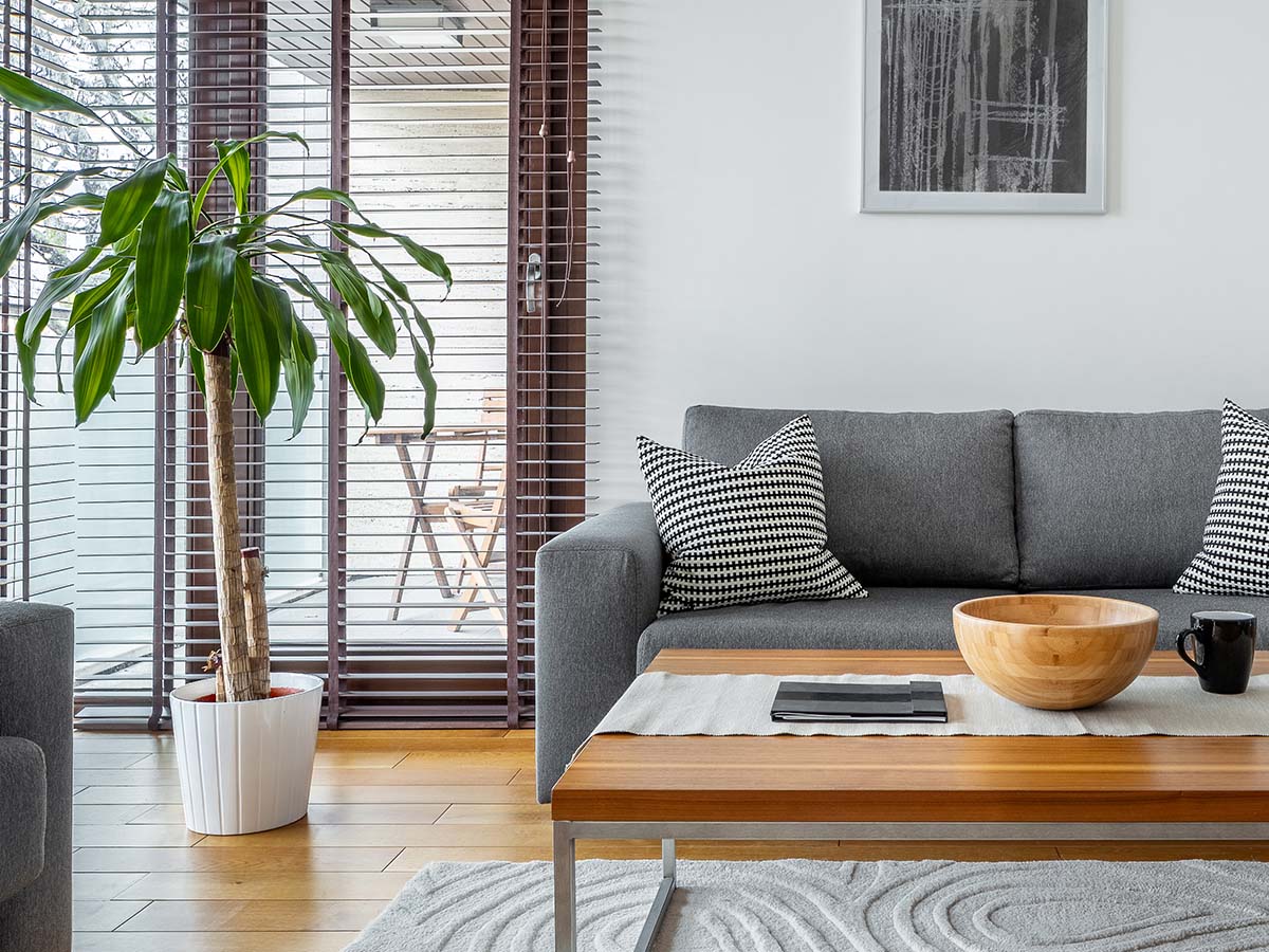 Living room with real hardwood flooring.