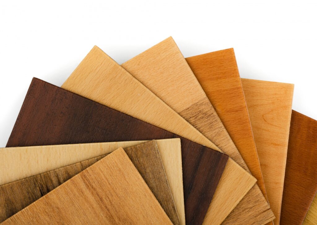 Wood sample swatches fan on white background.