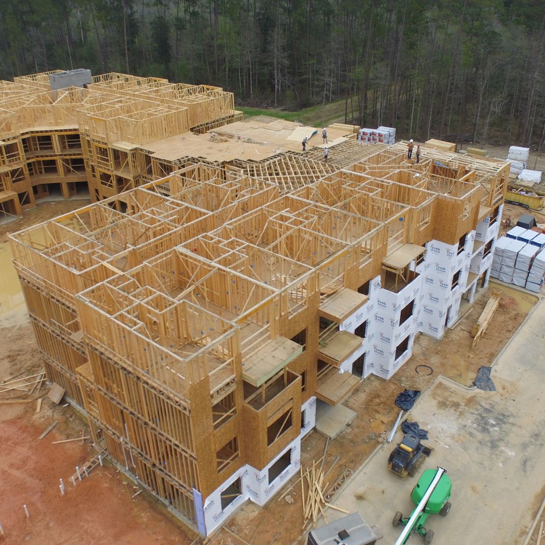 an apartment wood framing from an aerial view