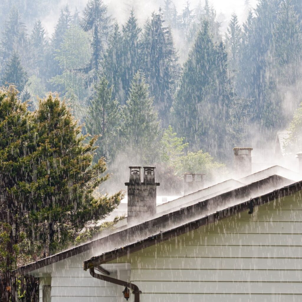 Rain falling on houses
