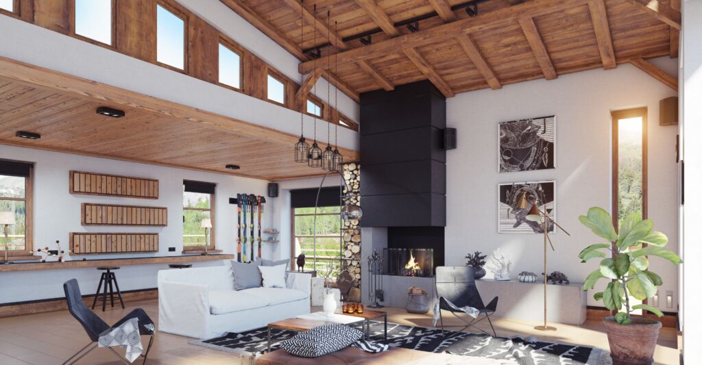 A beautiful living room with wood accents throughout
